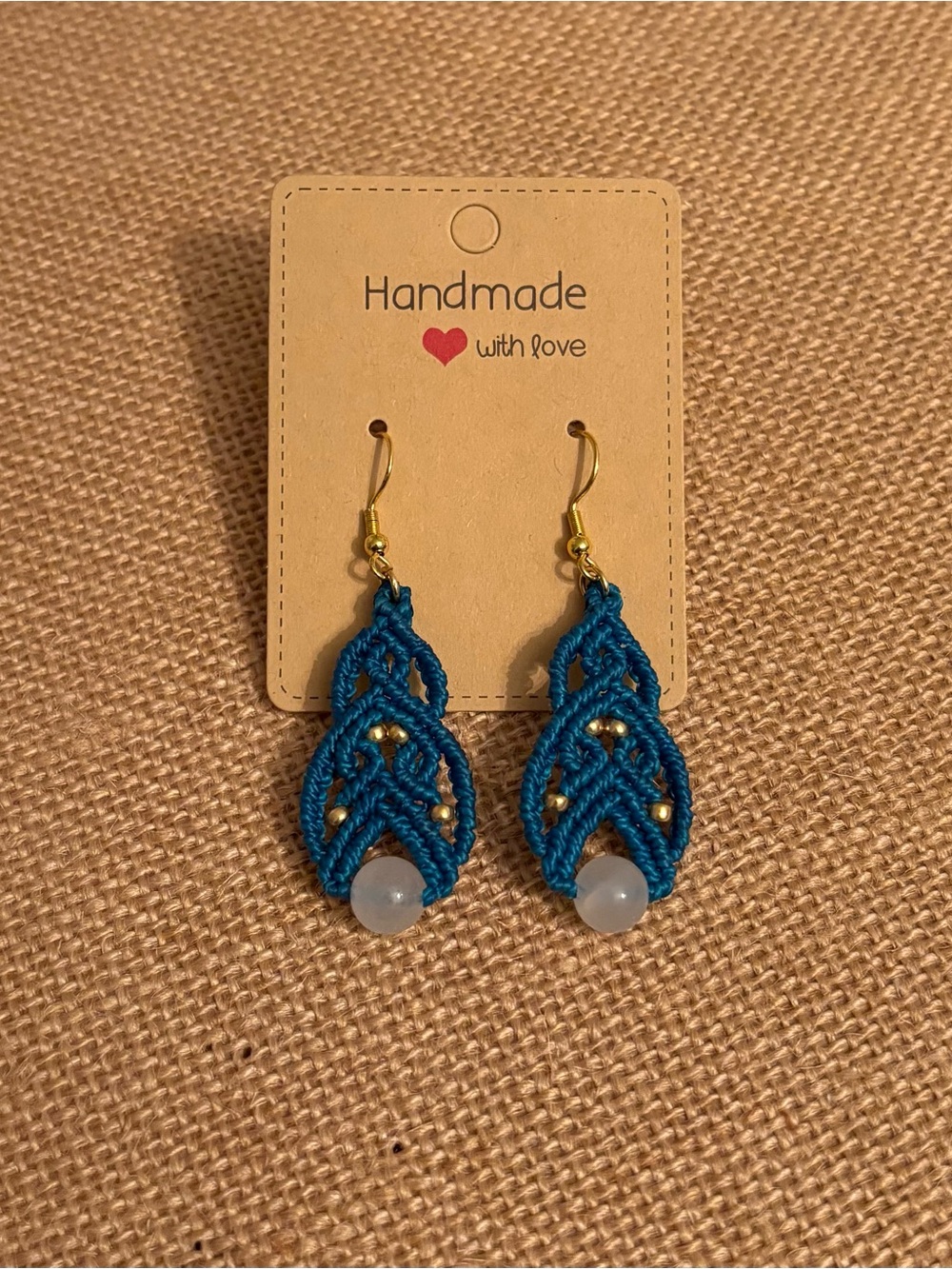 Handmade Teal Macramé Drop Earrings with Frosted Bead